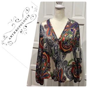 Anthropologie ezra Silk-Like Shirt / Blouse / Top with Bright Paisley Print